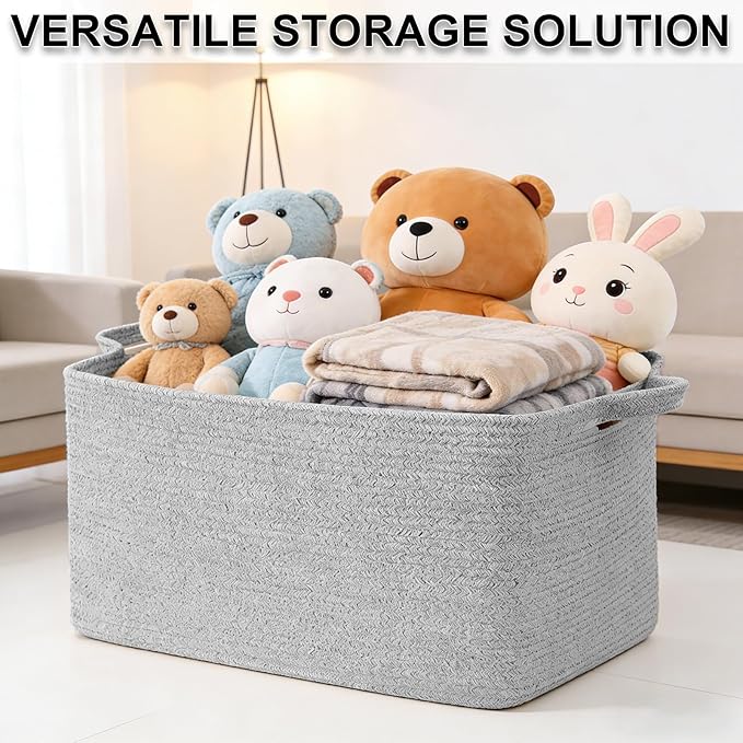96L Large Blanket Basket,24"x16"x15"Rectangle Storage Bin with Handles,Woven Rope Laundry Basket for Toys, Clothes,Magazines,