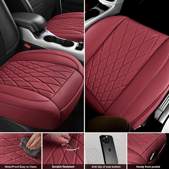 CAR PASS 2 Pack Leather Front Car Seat Covers, Bottom Seat Covers Full Wrapped with Storage Pocket, Anti-Slip Leather Seat Pr