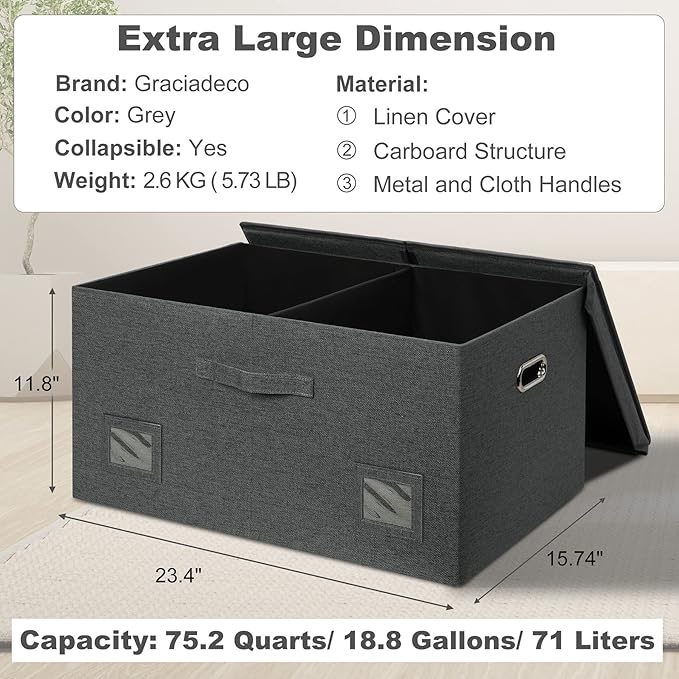 Graciadeco 75 Quarts Extra Large Decorative Storage Bins with Lids, 3 Packs Dark Gray Collapsible Storage Bins with Lids, Sta