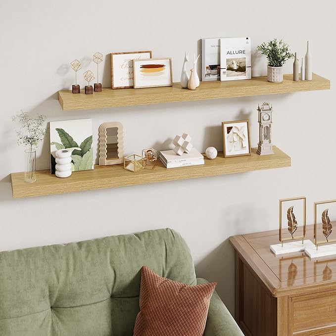 48 Inch Floating Shelves | 6.5 Inch Deep Oak Floating Shelves Set of 2 | 48" W x 6.5" D Rustic Oak Shelves with Invisible Bra