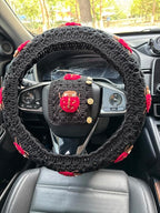 Crochet Ladybug Steering Wheel Cover Universal 14-15 inch (D,Wheel Cover+2 Belt Cover)
