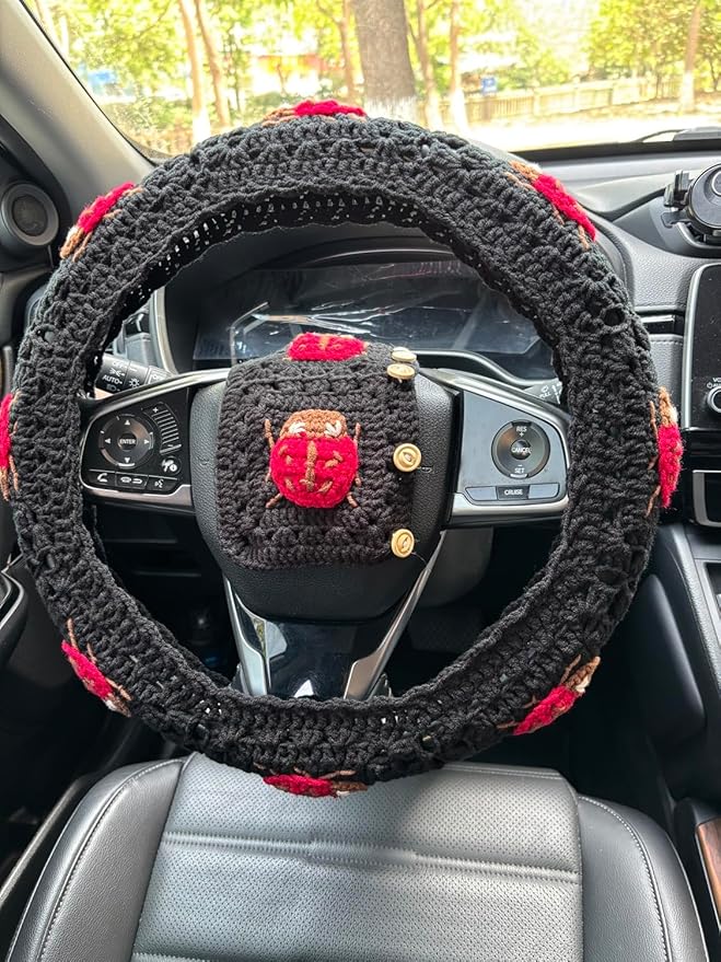 Crochet Ladybug Steering Wheel Cover Universal 14-15 inch (D,Wheel Cover+2 Belt Cover)