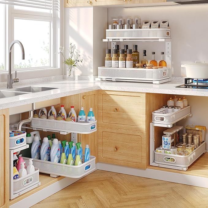 2 Pack 19.3IN-Depth Under Sink Organizer with Smooth Cylindrical Rail,2-Tier Pull Out Multi-Purpose Cabinet Storage for Bathr