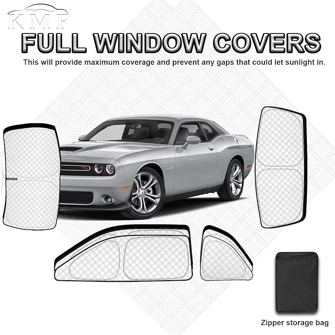 KMF 6pcs Thicken Full Sun Shades for Dodge Challenger 2015-2023 Accessories,Car Window Covers Sunshade for Windshield Side Rear, UV Block Visor Privacy for Car Camping with Storage Bag