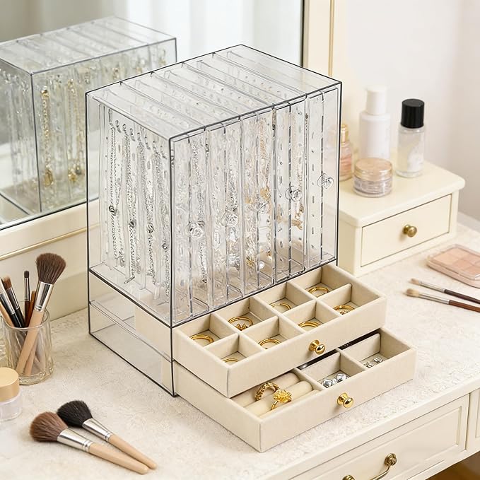 Greenfeather Jewelry Organizer with 7 Removable Drawers, Clear Acrylic Jewelry Box with 40 Necklace Hooks, 120 Pairs of Earri