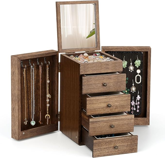 Meangood Jewelry Box Wood for Wowen, 5-Layer Large Organizer Box with Mirror & 4 Drawers for Rings, Earrings, Necklaces, Waln
