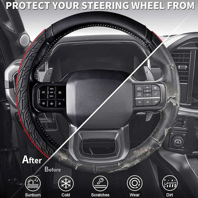 CAR PASS Leather Rubber Steering Wheel Cover Combo Set Universal Fit for Truck SUV Car Ram F150 Tundra 4Runner Tacoma Mobile Phone Holder Anti-slip Heavy Duty Tire Tread Large-size 15.5"-16" Black Red