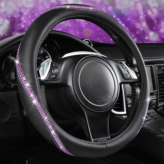 CAR PASS Bling Diamond Black Leather Steering Wheel Cover, Studded Crystal Rhinestones Universal Fit 14" 1/2-15" Glitter for Women Sparkle Girl Fit Suvs,Vans,Sedans,Car,Trucks, Purple Diamond