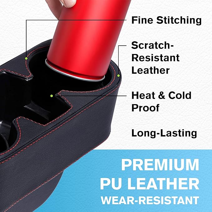 IOKONE Car Cup Holder, Auto Cup Drink Holders，Multifunctional Auto Front Seat Organizer with PU Leather Cover, Gap Filler Storage Box Coin Bucket Console Side Pocket Cell Mobile Phone Holder (Black)