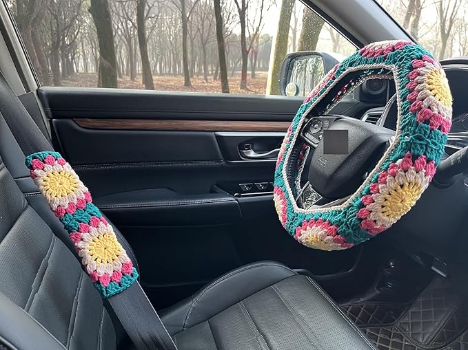 Crochet Sunflower Car Steering Wheel Covers Universal 14-15 inch for Women/Men (C:Wheel Cover+2 Belt Cover)