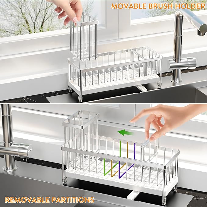 Cisily Sponge Holder for Kitchen Sink, Sink Caddy Organizer with High Brush Holder, Kitchen Countertop Organizers and Storage