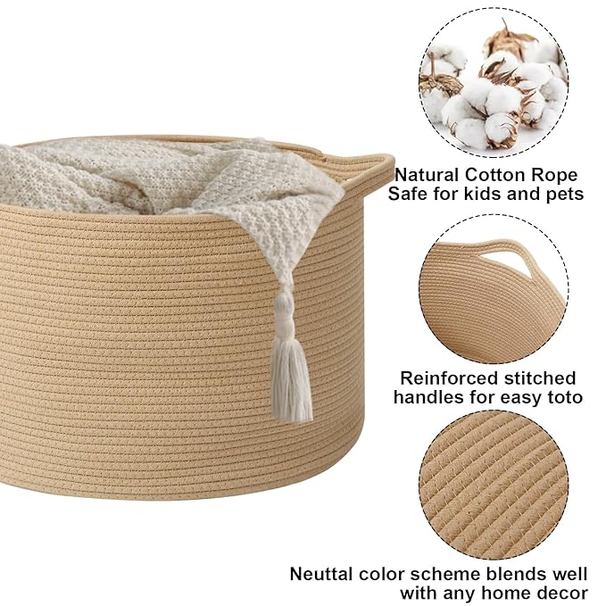 65L Extra Large Woven Cotton Rope Blanket Basket with Handles, Laundry Hamper Storage Bin for Pillows, Comforters,Clothes, To