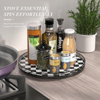 Black and White Kitchen Lazy Susan Turntable – Checkered Round Decorative Tray, 13” Table Top Oak Wood Lazy Susan for Cookies