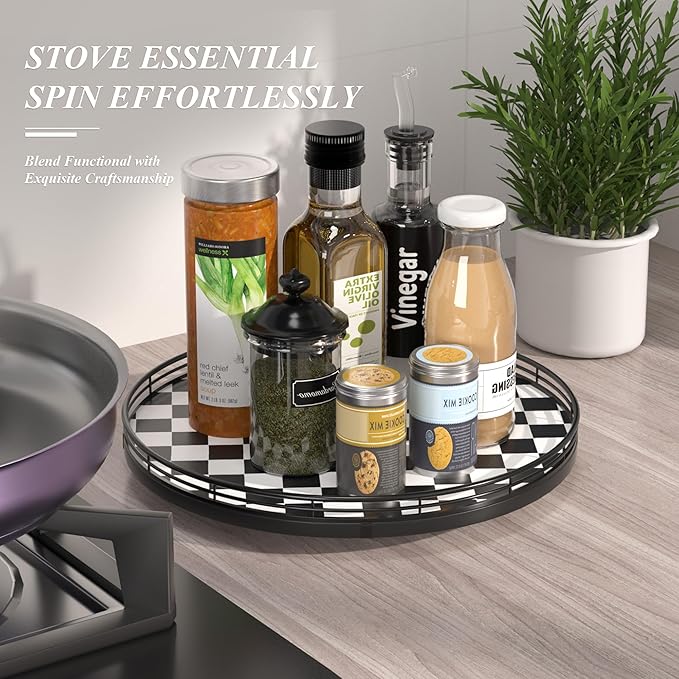 Black and White Kitchen Lazy Susan Turntable – Checkered Round Decorative Tray, 13” Table Top Oak Wood Lazy Susan for Cookies