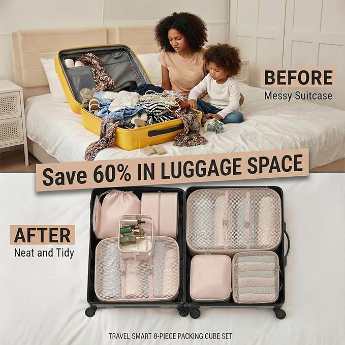 8 Set Packing Cubes for Travel with Clear Toiletry Bag, Durable Luggage Packing Organizers, Carry-On Accessories, TSA Approve