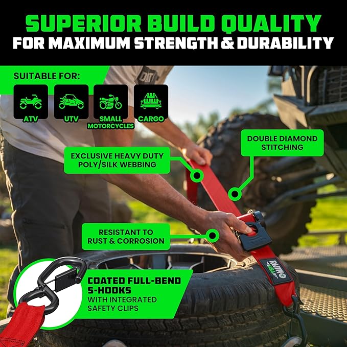Rhino USA Retractable Ratchet Straps (2-Pack) - 2 Inch x 10 Feet (3,033lb Break Strength) - Heavy Duty Auto Self Retracting Tie Down Straps for Truck, Cargo Trailer, Motorcycle, Rad & More - Red