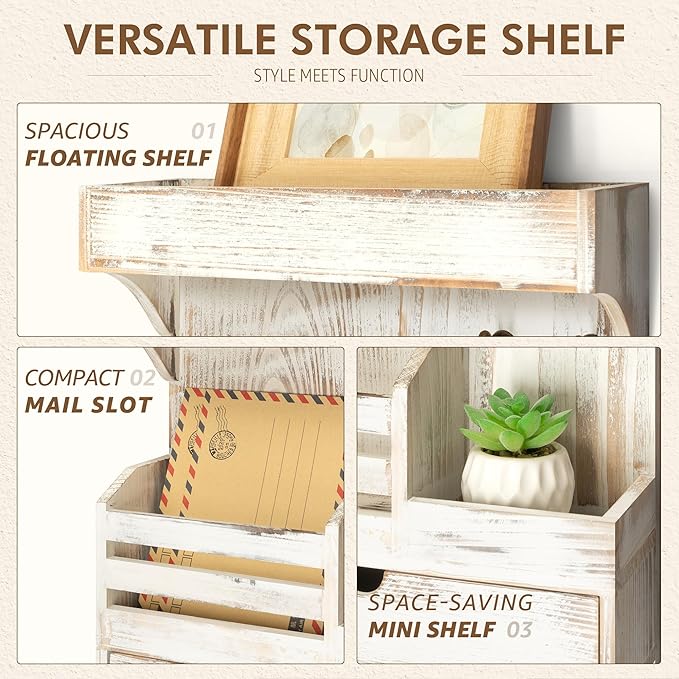 Rebee Vision Farmhouse Key Holder Wall Mount with Drawer Organizer – Pine Wooden Mail and Key Organizer for Wall with 6 Rusti