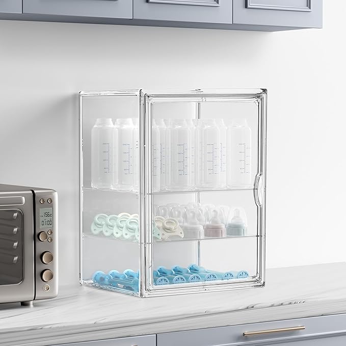 HBlife Baby Bottle Storage Organizer for Countertop Cabinet, 3 Tiers Adjustable Clear Acrylic Bottles Storage Station Case Bo