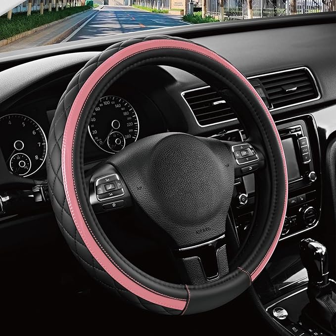 Road Comforts Leather Steering Wheel Cover – Black & Pink, Universal Fit 14.5-15 Inch, Microfiber Leather, Anti-Slip & Breath