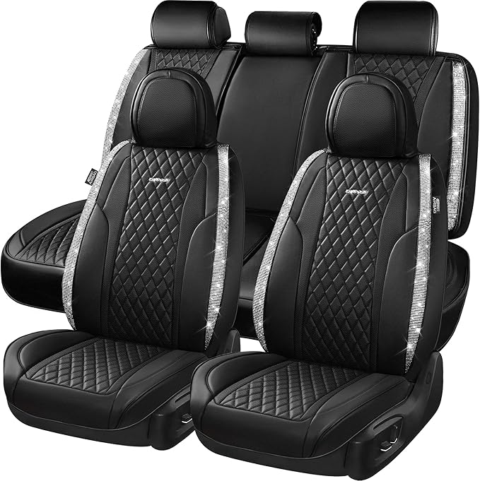 CAR PASS Bling Leather Car Seat Covers & Black Nappa Leather Calfskin Seat Cushioned Protector, Waterproof Anti-Slip Universa