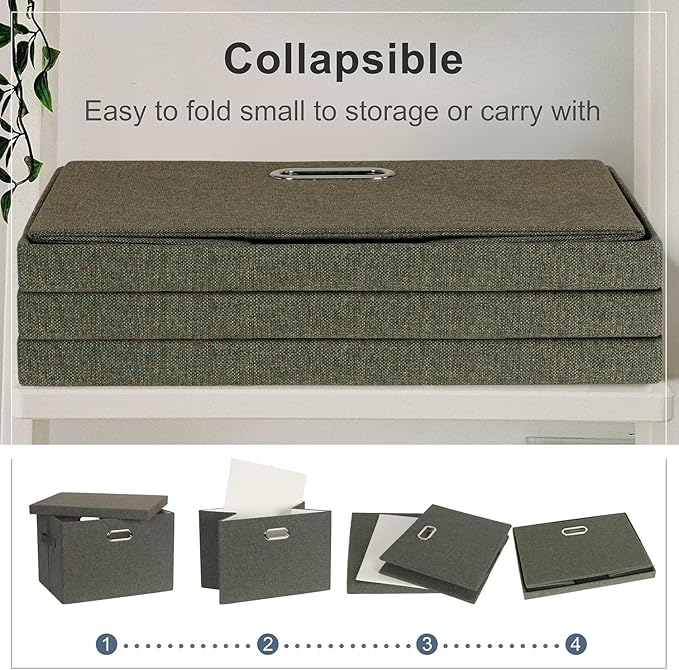 Graciadeco Large 17" 36 Quart Collapsible Stackable Storage Bins with Lids, 3 Packs Dark green Foldable Fabric Closet Storage