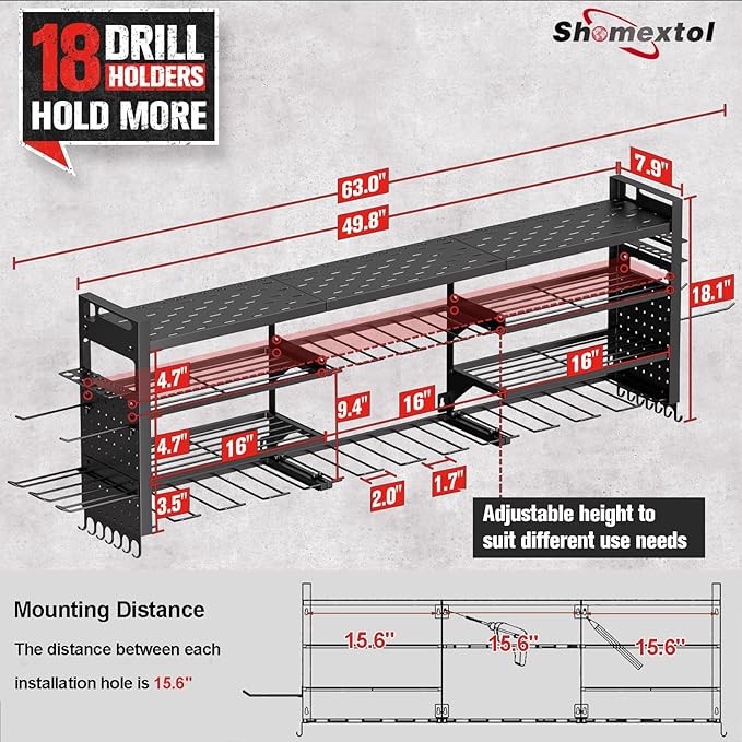 49.8" W Super Large Power Tool Organizer Wall Mount,4-Layer Heavy Duty Tool Storage with 18 Cordless Drill Holder,600 lb Capa