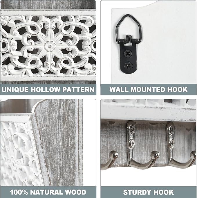 Key and Mail Holder for Wall Mail Holder for Wall, 2-Slot Mails Organizer with 3 Hooks, Key Hangers Rustic Wooden Walls Organ
