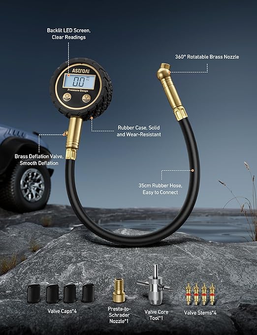 AstroAI Tire Pressure Gauge for Cars with Backlit LED, Solid Brass with Rubber Hose, Air Bleeder Valve, ANSI B40.7 Grade 2A(±0.5%), 3-250PSI