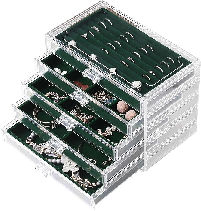 Frebeauty Extra Large Acrylic Jewelry Box for Women 5 Layers Clear Jewelry Organizer Velvet Earring Box with 5 Drawers Rings 