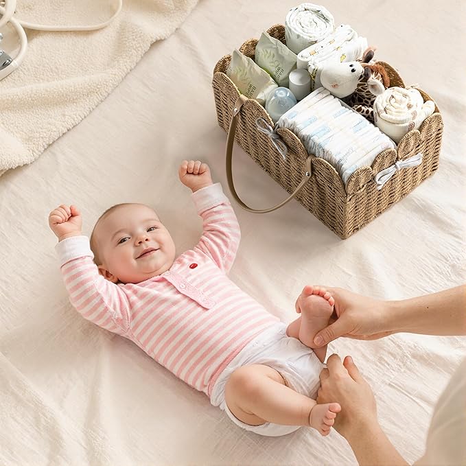 HBlife Large Baby Diaper Caddy, Paper Rope Scalloped Storage Baskets Nursery Bin with Removable Divider, Portable Car Organiz