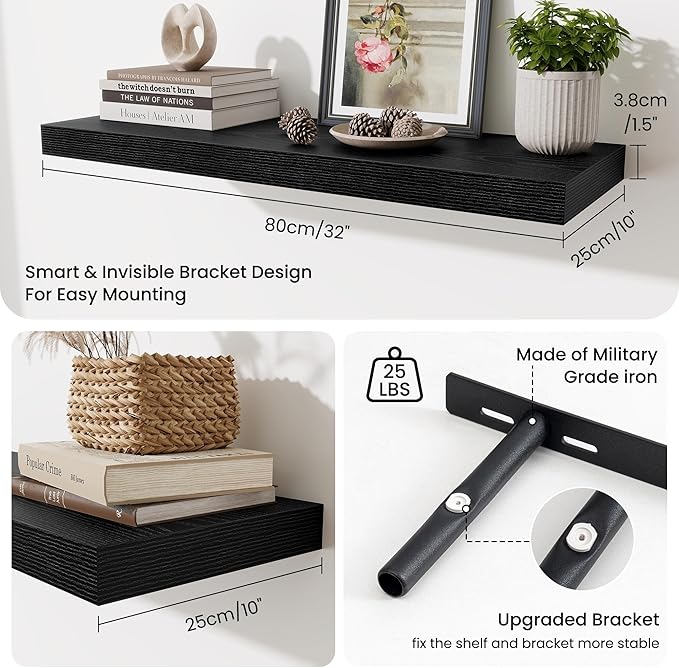Fun Memories Floating Shelves for Wall, 32 Inch Long Floating Shelves Set of 2, 32 x 10 Wooden Shelves for Wall, Large Storag