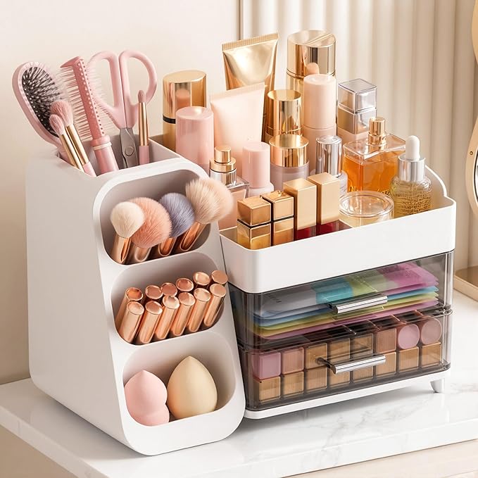Large Capacity Makeup Organizer Countertop with Makeup Brush Holder for Vanity, Thickened Material, Bathroom Countertop Organ