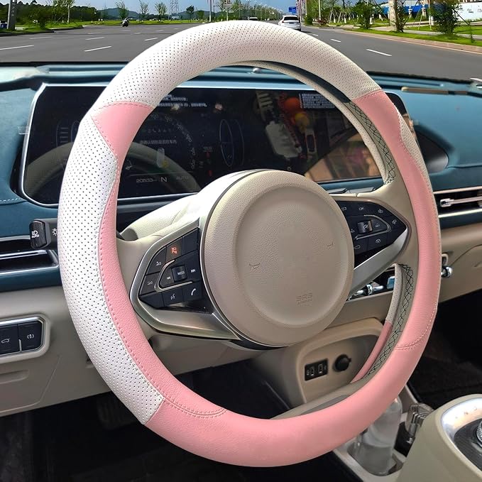 Fashion Cat Ear Leather Steering Wheel Cover Women Girl 15"(38cm) Universal Fit Auto D Shaped Leather Steering Wheel Covers (