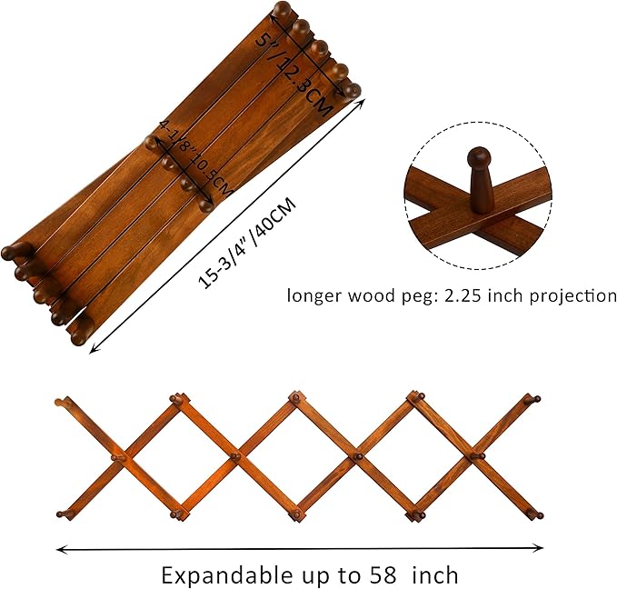 WEBI Accordion Wall Hanger,Expandable Wooden Hat Rack for Wall Mounted Coat Rack,Accordion Hat Hooks Holder for Baseball Caps