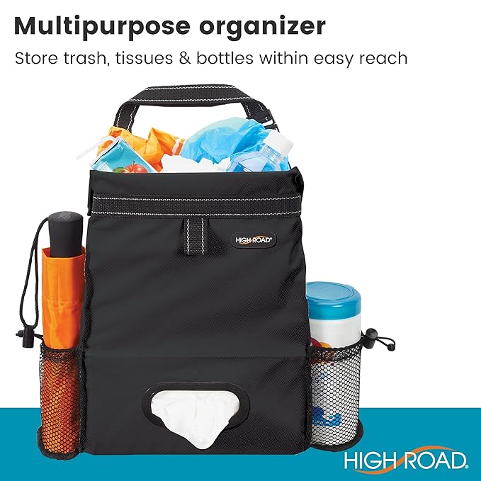 High Road Car Organizer with Car Trash Bin and Tissue Holder - Holds Full Size Tissue Box, Bottles and Wipe Containers - 2 Gal Leakproof Covered Trash Can with Push-Close Lid