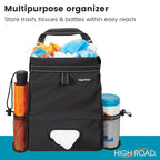 High Road Car Organizer with Car Trash Bin and Tissue Holder - Holds Full Size Tissue Box, Bottles and Wipe Containers - 2 Gal Leakproof Covered Trash Can with Push-Close Lid