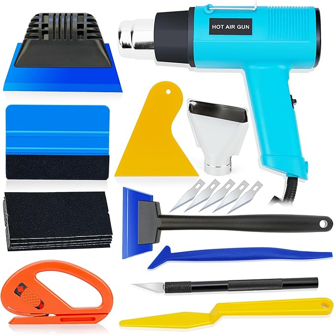 Vinyl Wrap & Window Tint Tool Kit – 12Piece with 1200W Heat Gun, Felt Edge Squeegee, Glass Squeegee, Edge Trimmer, and Precision Knife Cutter for Car Wraps, Window Film, PPF, Decals, and Graphics