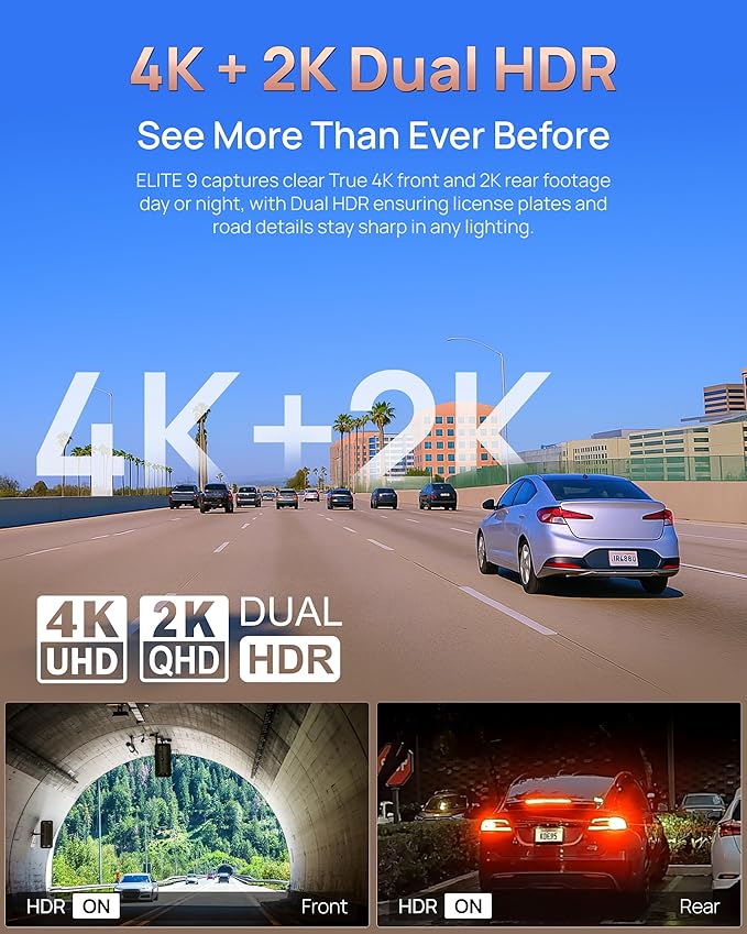 BlackVue Elite 9-2CH 64GB Dash Cam - 4K+2K Dash Cam Front and Rear, Dual HDR STARVIS 2, Power Saving Parking Mode, Free Hardw