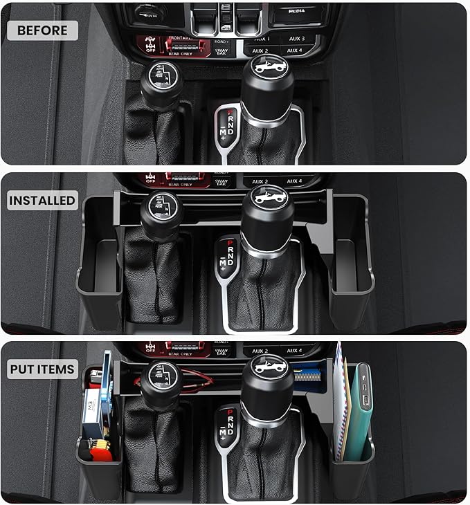 2PCS Center Console Organizer Gear Shift Tray & Front Under Seat Hidden Storage Box for Jeep Wrangler JL JLU 2025 2024-2018 & 2020 2021 2022 2023 2024 2025 Jeep Gladiator JT Truck Interior Accessories