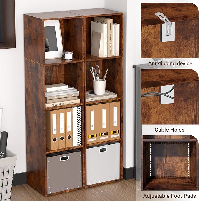 Cube Storage Organizer, 4 Cube Retro Bookshelf, Freestanding 4 Tier Open Shelf, Rustic Brown Retro Shelves for Home Office, B