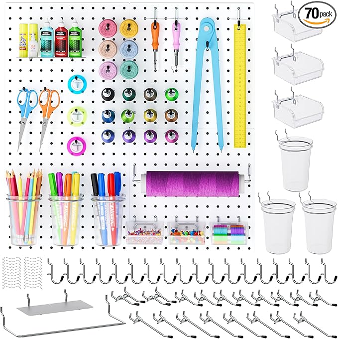 INCLY 70PCS Metal Peg Board Kit with 1/4" Pegboard Accessories, 4 Pack White Pegboard Panels, Bins, Cups and Peg Board Hooks,