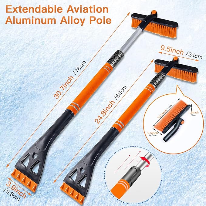Kairiyard 31" Snow Brush and Ice Scrapers for Car Windshield, Detachable Extendable 360° Pivoting Snow Scrapers and Brush with Ergonomic Foam Grip for Car,Truck,SUV(Orange)