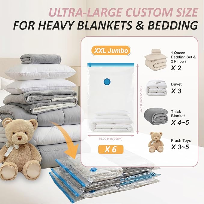 Cozy Essential Vacuum Storage Bags, 80% Compression Vacuum Seal Space Saver Plastic Packaging Bags for Clothes, Blankets, Pil