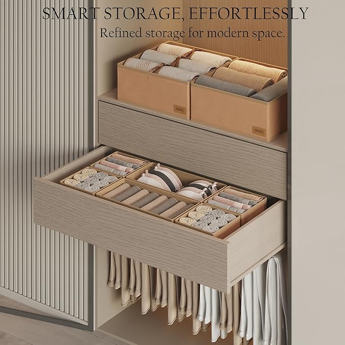 Clothes Organizer, Transform Your Drawers in Seconds - Cream Set of 6 Foldable Storage Boxes with Zipper, Durable 600D Fabric