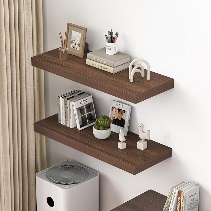 Dreamland 36" Floating Shelves for Wall, 12" Deep Thicker Walnut Floating Shelves, Wall-Mounted Shelves for Bedroom, Living R