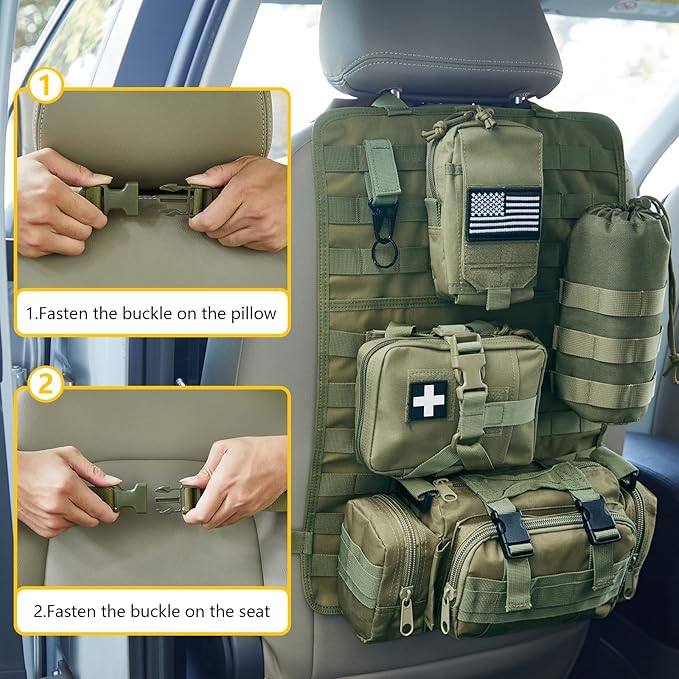 Universal Tactical Car Seat Back Organizer Bag - Molle Vehicle Organizers Panel with 4 Detachable Pouches (Military Green)