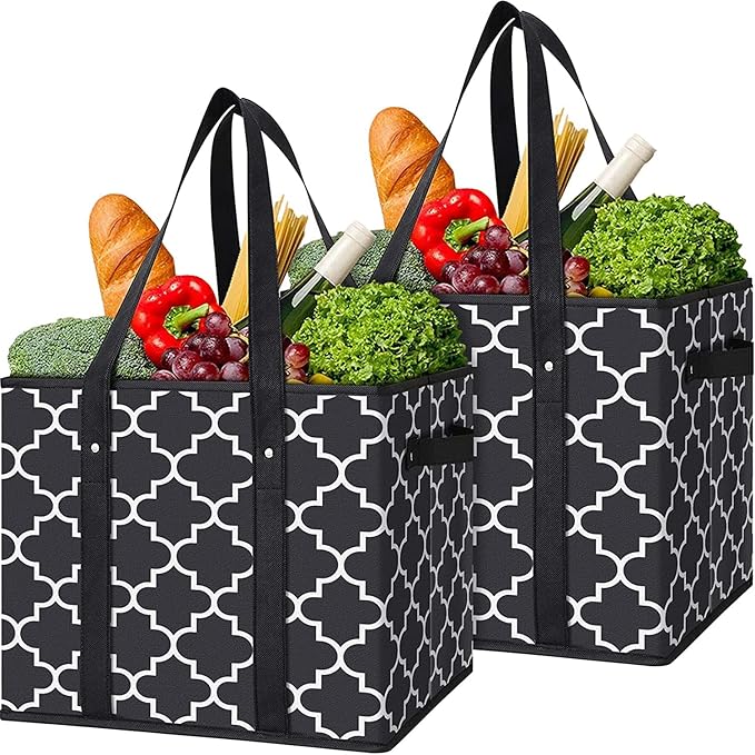 WISELIFE Reusable Grocery Bags 2-Pack Foldable Washable Large Storage Bins Basket Water Resistant Shopping Tote Bag Black