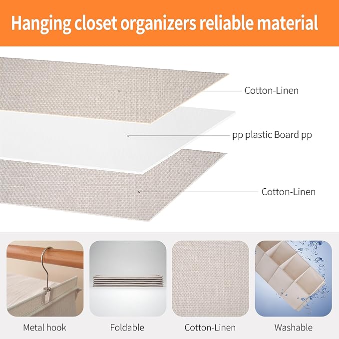 Large Hanging Sweater Organizer for Closet,Collapsible 6-Shelf Hanging Closet Shelves with Drawers, Washable (Beige -6 Shelf-