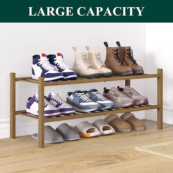 Smiry Bamboo Shoe Rack for Closet, 2 Tier Wooden Stackable Shoe Organizer, Free Standing Shoes Storage Shelf for Entryway, Fr