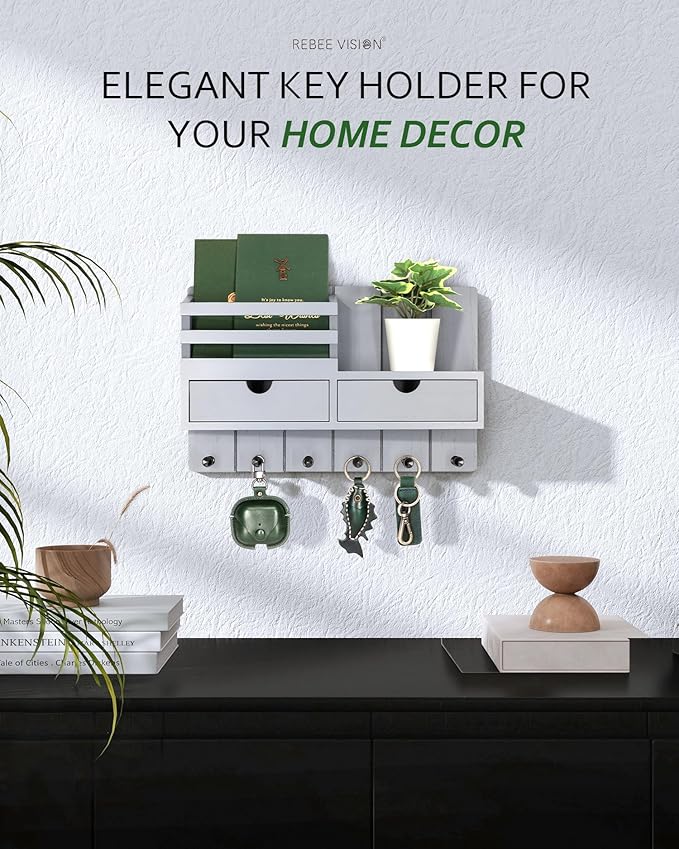Rebee Vision Decorative Key Holder Wall Mount for Aesthetic Room Decor - Stylish Mail Holder for Wall with 2 Drawer Organizer